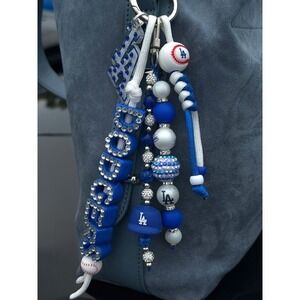 LA Dodgers Inspired Bag Charm Blue Rhinestone Beaded Keychain Purse Charm